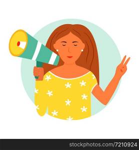 Illustration of protesting girl with megaphone. Girl power, empowerment concept. Illustration of protesting girl Girl power concept