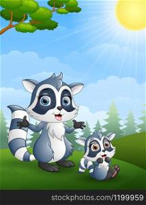 illustration of Raccoon family. Mother and her child cartoon in the jungle