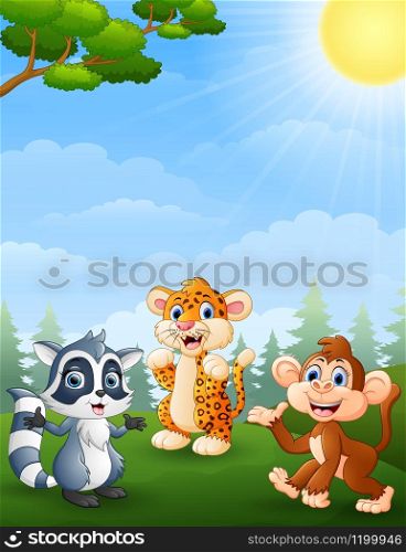illustration of Raccoon, tiger and monkey cartoon in the jungle