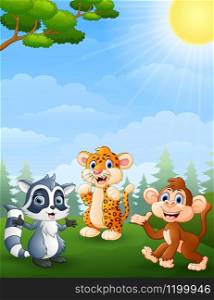 illustration of Raccoon, tiger and monkey cartoon in the jungle