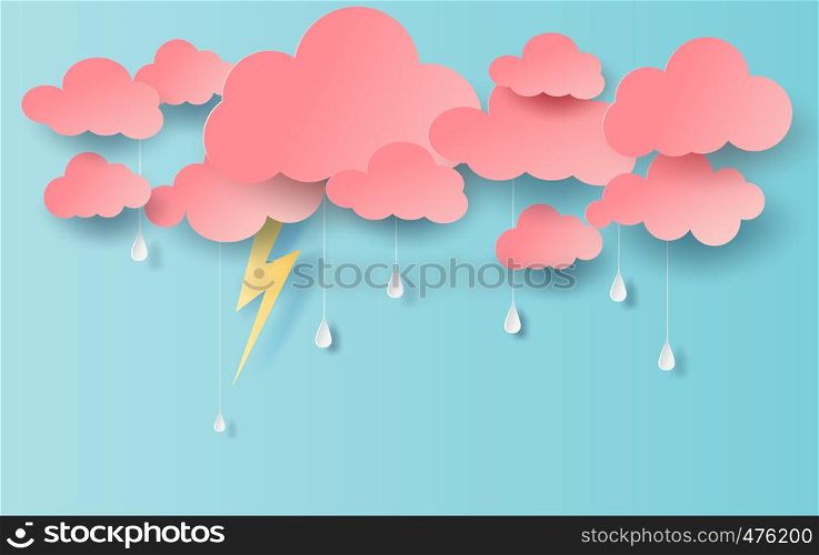 illustration of Rain view with cloud and yellow lighting on blue sky.Rainy season in with storm lightning,paper cut and craft style.Creative design sweet cute beautiful pastel color poster.vector