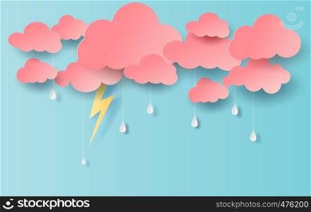 illustration of Rain view with cloud and yellow lighting on blue sky.Rainy season in with storm lightning,paper cut and craft style.Creative design sweet cute beautiful pastel color poster.vector