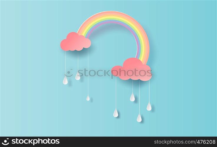 illustration of Rainbow in the rainy season. Paper cut design for clouds and rainbow in rain time.Creative idea paper craft by pastel color clean and minimal style on blue background. vector. EPS10.