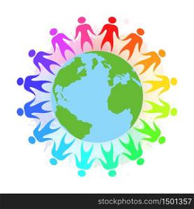 Illustration of rainbow people holding hands around the planet Earth with watercolor splashes. Unity and toleration.. Illustration of rainbow people holding hands around the planet E