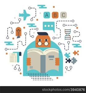 Illustration of reading and knowledge concept with icons
