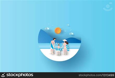 illustration of Rear view Young family having Happy fun on the beach.People diving in rubber swim ring. Colorful pastel simple. Summertime on sea view paper cut and craft concept.Circle idea.vector