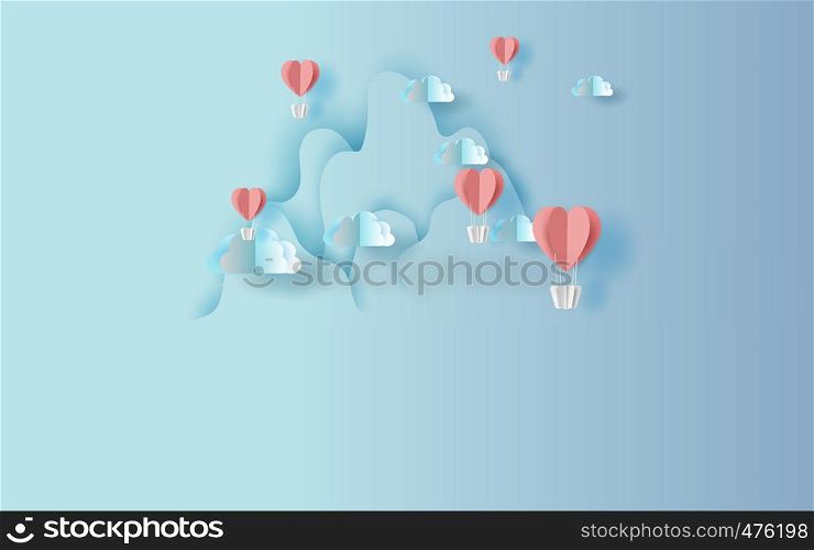 illustration of red balloons heart floating with Mountains landscape view scene place for your love text space background.Valentine's day concept.Paper cut and craft style vector for greeting card