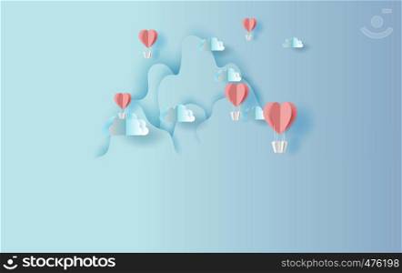illustration of red balloons heart floating with Mountains landscape view scene place for your love text space background.Valentine's day concept.Paper cut and craft style vector for greeting card
