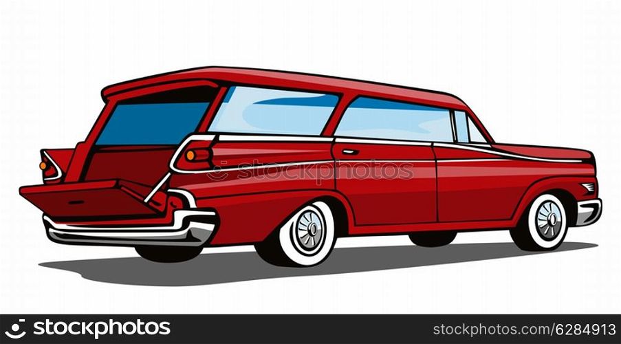 Illustration of red car station wagon back view isolated on white background done in retro style. . Red Car Station Wagon Back View