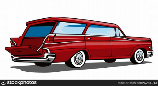 Illustration of red car station wagon back view isolated on white background done in retro style. . Red Car Station Wagon Back View
