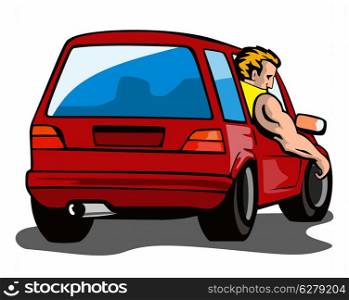 Illustration of red car wagon back view with driver muscly man arm outside the window isolated on white background done in retro style. . Red Car Station Wagon with Man
