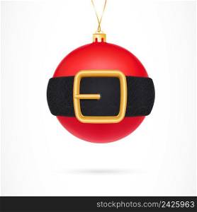 Illustration of red Christmas ball girdled with Santa belt. New Year, Christmas, decoration. Celebration concept. Design element for greeting cards, banners, posters, leaflets and brochures.