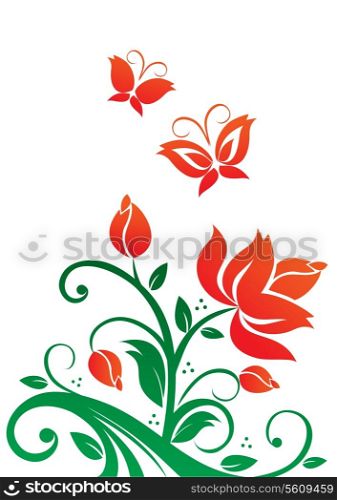 Illustration of red flowers and butterflies