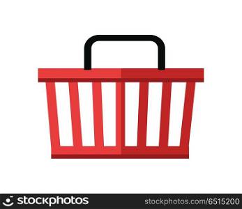 Illustration of Red Shopping Basket. Illustration of red shopping basket. One plastic shopping basket. Shopping basket icon. Isolated object in flat design on white background. Vector illustration.