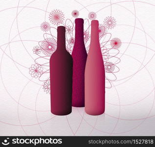 Illustration of red wine bottles with volume. Background lines and geometric flowers illustration. Modern illustration. For wine event designs. Vector