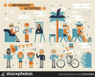 Illustration of retirement activities concept with many elderly characters