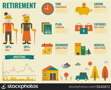 Illustration of retirement infographic with old people and icon elements