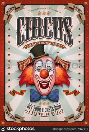Illustration of retro and vintage circus poster background, with design clown face and grunge texture for arts festival events and entertainment background. Vintage Circus Poster With Big Top