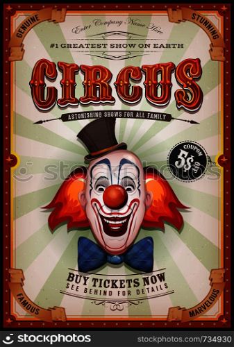 Illustration of retro and vintage circus poster background, with design clown face and grunge texture for arts festival events and entertainment background. Vintage Circus Poster With Clown Head