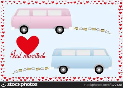 Illustration of retro cars in pink and blue, with metal cans and sign of just married, framed by red hearts