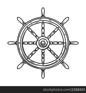 Illustration of retro ship steering wheel. Design element for poster, card, banner, sign, emblem, logo. Vector illustration