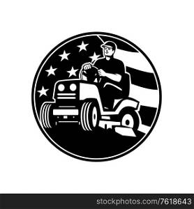 Illustration of retro style an American gardener, landscaper, groundsman or groundskeeper riding ride-on lawn mower with USA stars and stripes flag set in circle done in retro black and white style.. American Gardener Groundsman Groundskeeper Riding Ride-on Lawn Mower USA Flag Retro