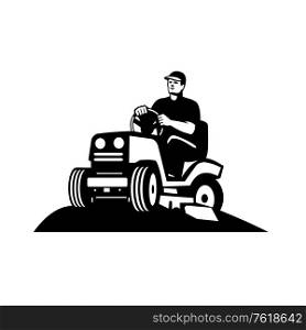 Illustration of retro style male gardener, landscaper, groundsman or groundskeeper riding ride-on lawn mower mowing greens viewed from low angle done in retro black and white style.. Gardener Landscaper Groundsman Groundskeeper Riding Ride-on Lawn Mower Retro Black and White