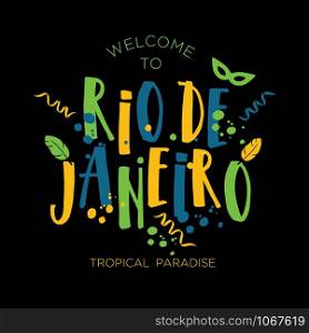 Illustration of Rio de Janeiro Carnival from Brazil vacation of colors of the Brazilian flag, Brazil Carnival. Summer.. Illustration of Rio de Janeiro Carnival from Brazil vacation of colors of the Brazilian flag, Brazil Carnival. Summer. Hand drawn lettering.