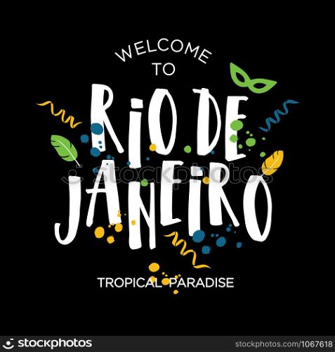 Illustration of Rio de Janeiro from Brazil vacation of colors of the Brazilian flag, Brazil Carnival. Summer.. Illustration of Rio de Janeiro from Brazil vacation of colors of the Brazilian flag, Brazil Carnival. Summer. Hand drawn lettering.
