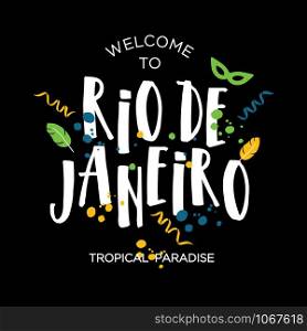 Illustration of Rio de Janeiro from Brazil vacation of colors of the Brazilian flag, Brazil Carnival. Summer.. Illustration of Rio de Janeiro from Brazil vacation of colors of the Brazilian flag, Brazil Carnival. Summer. Hand drawn lettering.