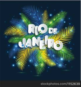 Illustration of Rio de Janeiro from Brazil vacation on color background, colors of the Brazilian flag, Brazil Carnival. Summer. Text of paper style.