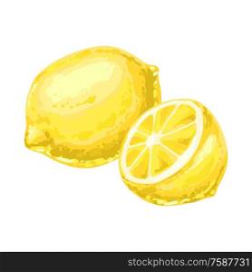 Illustration of ripe lemon and slice. Summer fruit in decorative style.. Illustration of ripe lemon and slice.