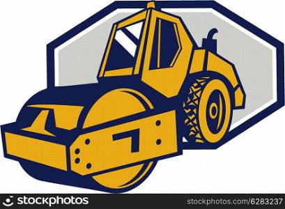 Illustration of road roller flat drum viewed from the front on low angle done in retro style.. Flat Drum Road Roller Retro