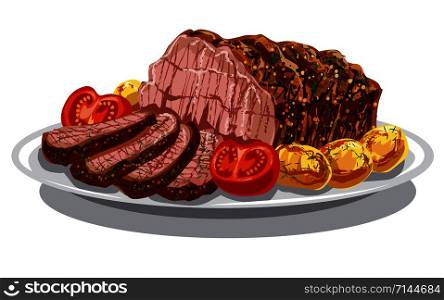 illustration of roastbeef with baked poatoes and tomatoes. roastbeef with baked potatoes