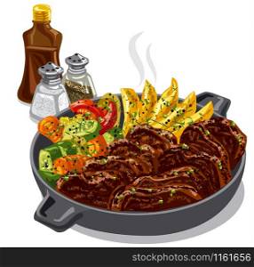 illustration of roasted beef with vegetables in pan with spices. roastbeef with vegetables