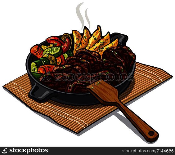 illustration of roasted meat and vegetables in pan. roasted meat and vegetables