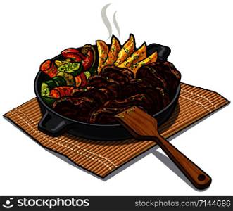 illustration of roasted meat and vegetables in pan. roasted meat and vegetables