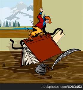Illustration of rodeo cowboy riding bucking book done in retro style.