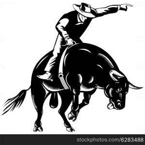 Illustration of rodeo cowboy riding bucking bull on isolated white background.