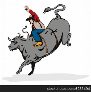 Illustration of rodeo cowboy riding bucking bull on isolated white background.