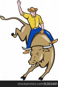 Illustration of rodeo cowboy riding bucking bull on isolated white background done in cartoon style.