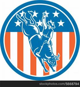 Illustration of rodeo cowboy riding bucking bull set inside circle with american stars and stripes in the background done in retro style. . Rodeo Cowboy Bull Riding Circle Retro