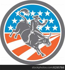 Illustration of rodeo cowboy riding bucking bull set inside circle with american stars and stripes flag in the background done in retro style. . Rodeo Cowboy Bull Riding Flag Circle Retro