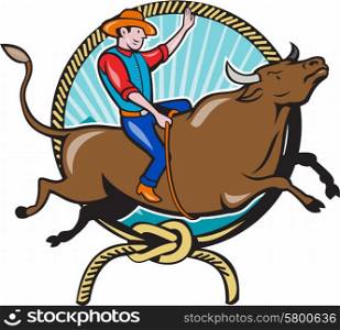 Illustration of rodeo cowboy riding bucking bull viewed from the side with lasso rope and sunburst in the background done in cartoon style. . Rodeo Cowboy Bull Riding Lasso Cartoon