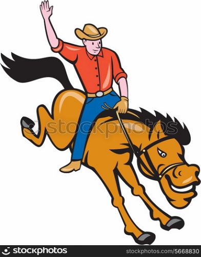 Illustration of rodeo cowboy riding bucking horse bronco on isolated white background done in cartoon style.