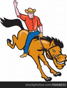 Illustration of rodeo cowboy riding bucking horse bronco on isolated white background done in cartoon style.