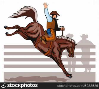 Illustration of rodeo cowboy riding bucking horse bronco on isolated white background