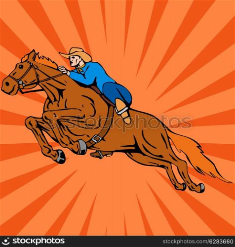 Illustration of rodeo cowboy riding horse galloping done in retro style. . Rodeo Cowboy Riding Horse