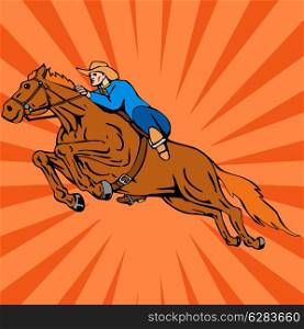 Illustration of rodeo cowboy riding horse galloping done in retro style. . Rodeo Cowboy Riding Horse