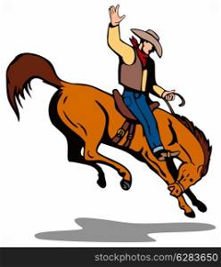 Illustration of rodeo cowboy riding horse galloping on isolated white background done in retro style. . Rodeo Cowboy Riding Horse